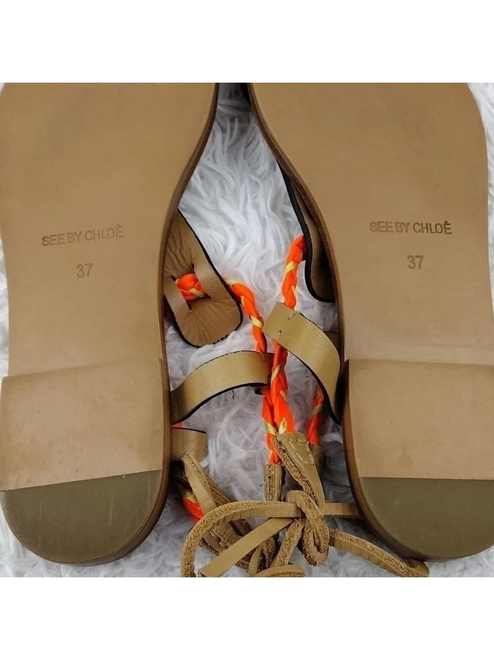 See By Chloe Tan Leather Almond Toe Thong Braided T-Strap Ankle Lace Sandal Shoe